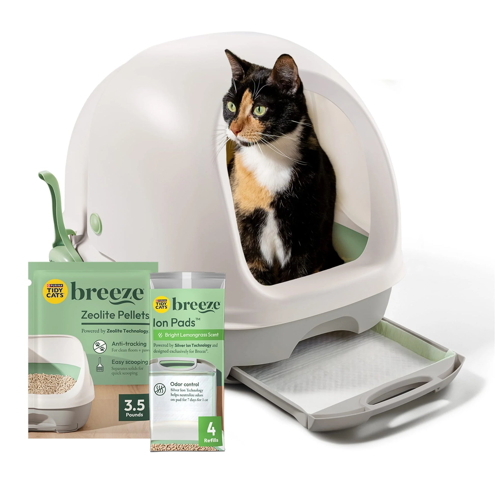 Purina  Breeze Covered Cat Litter Box System Kit with Pellet Cat Litter, Hooded Litter Box, and Litter Box Pads