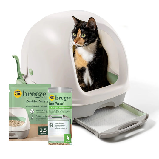 Purina  Breeze Covered Cat Litter Box System Kit with Pellet Cat Litter, Hooded Litter Box, and Litter Box Pads