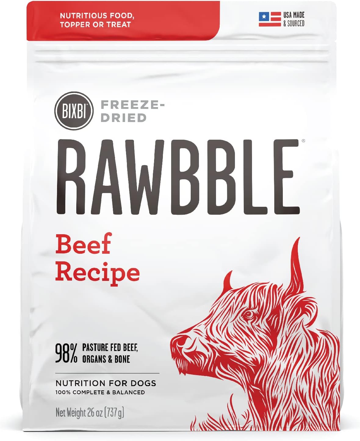 Rawbble Freeze Dried Dog Food, Beef Recipe, 12 Oz - 98% Meat and Organs, No Fillers - Pantry-Friendly Raw Dog Food for Meal, Treat or Food Topper - USA Made in Small Batches