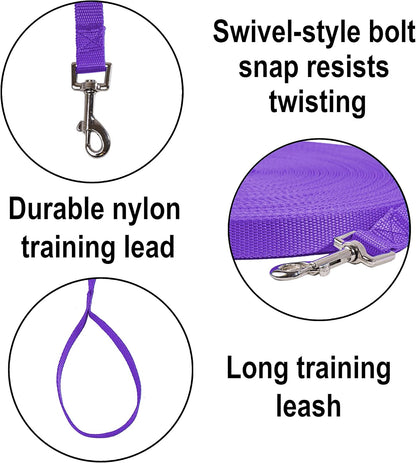 Dog/Puppy Obedience Recall Training Agility Lead - 15Ft 20Ft 30Ft 50Ft 100Ft Training Leash - Great for Training, Play, Camping, or Backyard Purple 100 Feet